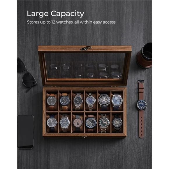 12-Slot Wood Watch Box Organizer with Large Glass Lid, Removable Pillows - Picture 4 of 7